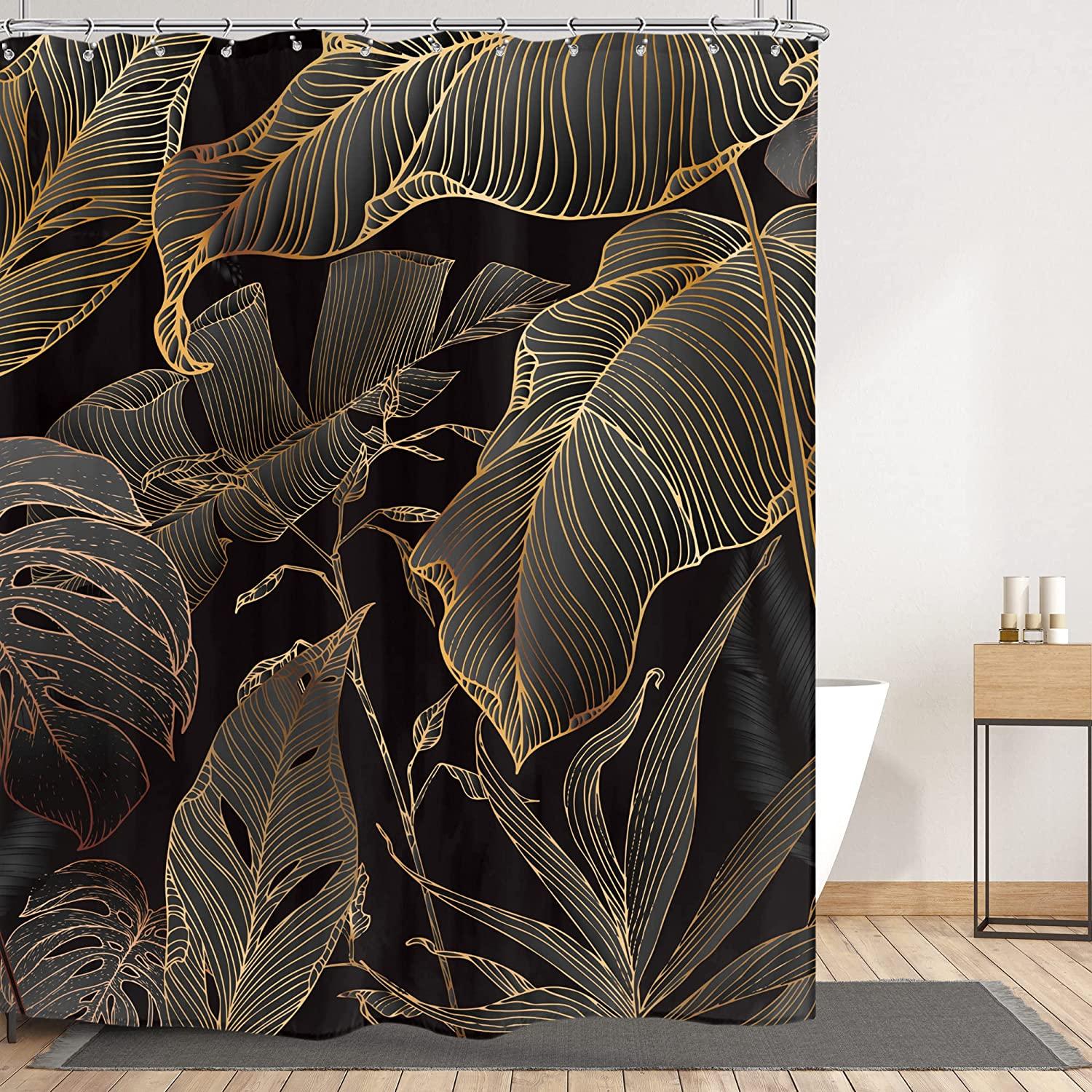Brown Copper Shower Curtain With Banana Leaf And Palm Tree Palm Leaf For Bathroom Decor