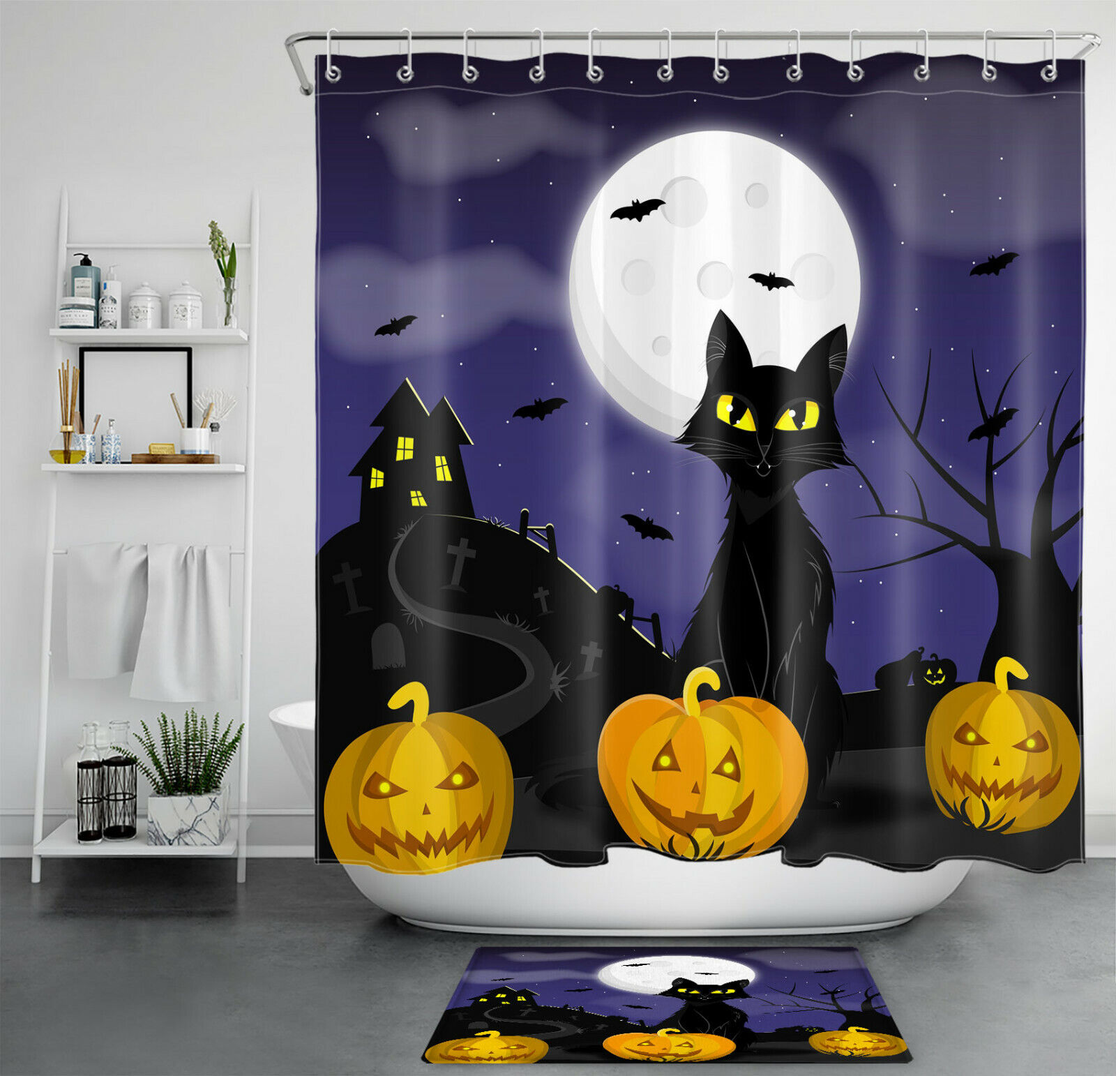 Cat Pumpkin Shower Curtain With Moon Castle For Halloween Bathroom Decor