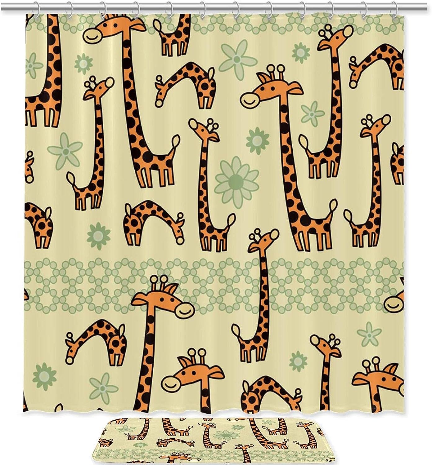 Cartoon Giraffe Pattern Shower Curtain With Microfiber Accents Animal Themed Bathroom Decor