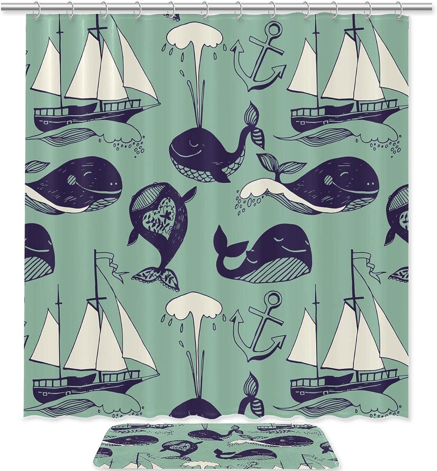 Funny Whale Shower Curtain With Microfiber Accents Sea Themed Bathroom Decor