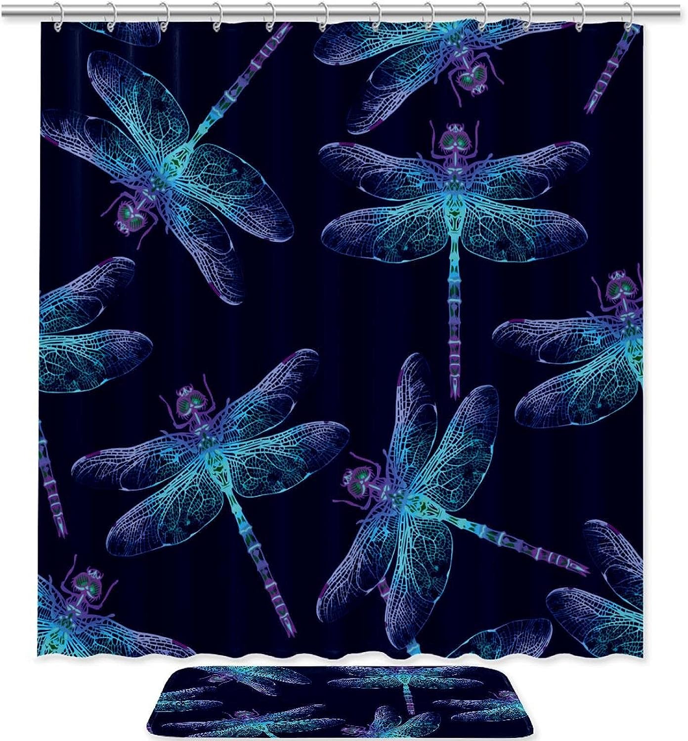 Chong Navy Blue Shower Curtain With Dragonfly Water Themed Bathroom Decor