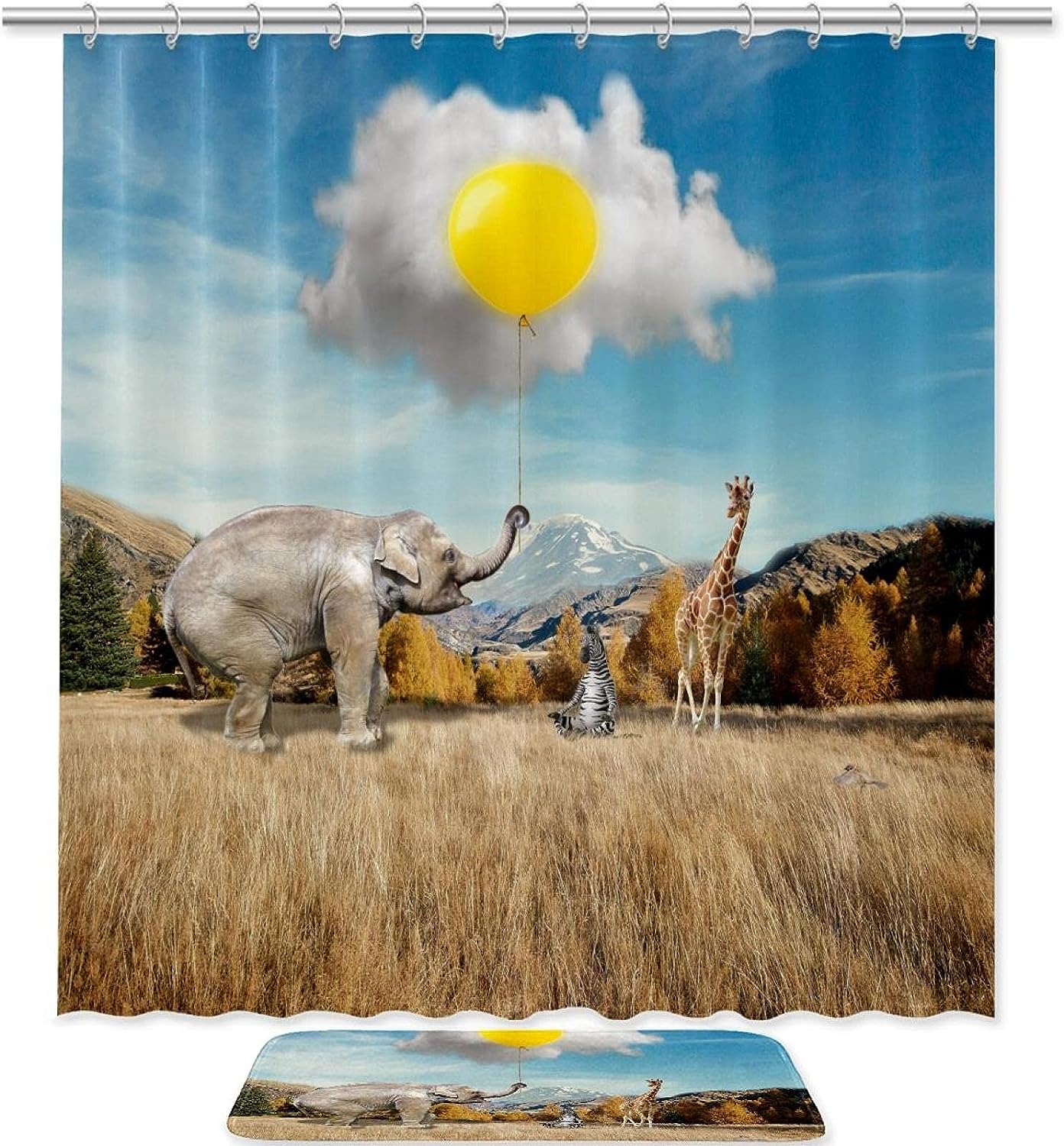 Elephant And Giraffe Clouds Shower Curtain With Microfiber Accents Animal Themed Bathroom Decor