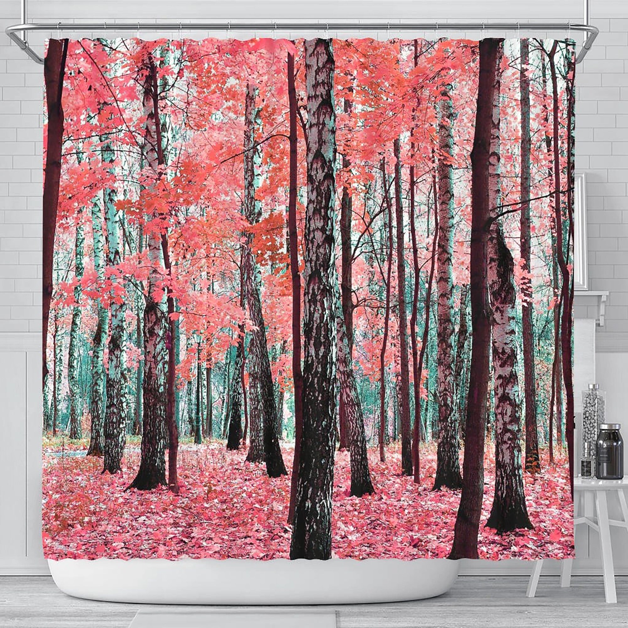 Pink Leaves Shower Curtain For Bathroom Decor Mystic Forest Artwork