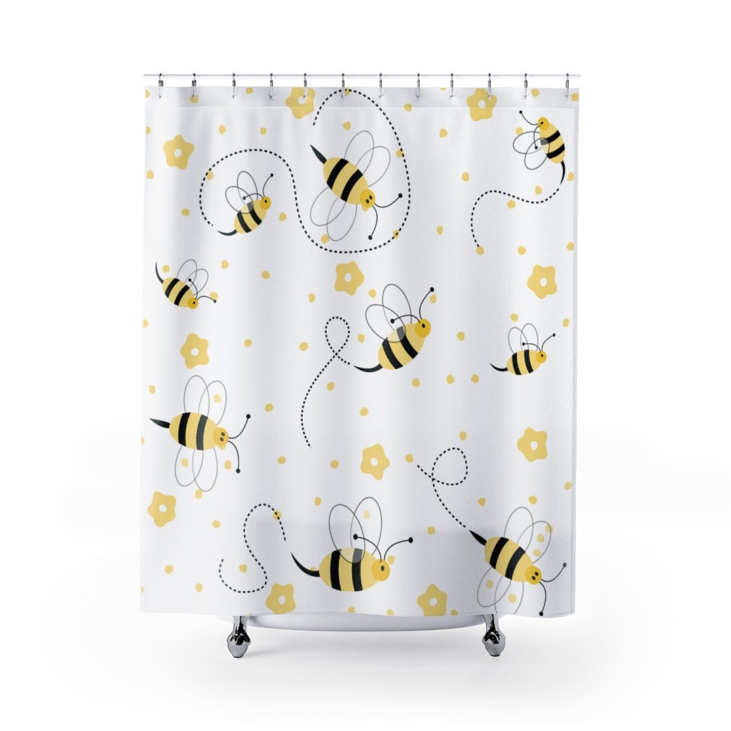 Honey Bees Shower Curtain For Bathroom Decor Cute And Charming Yellow Flowers Pattern