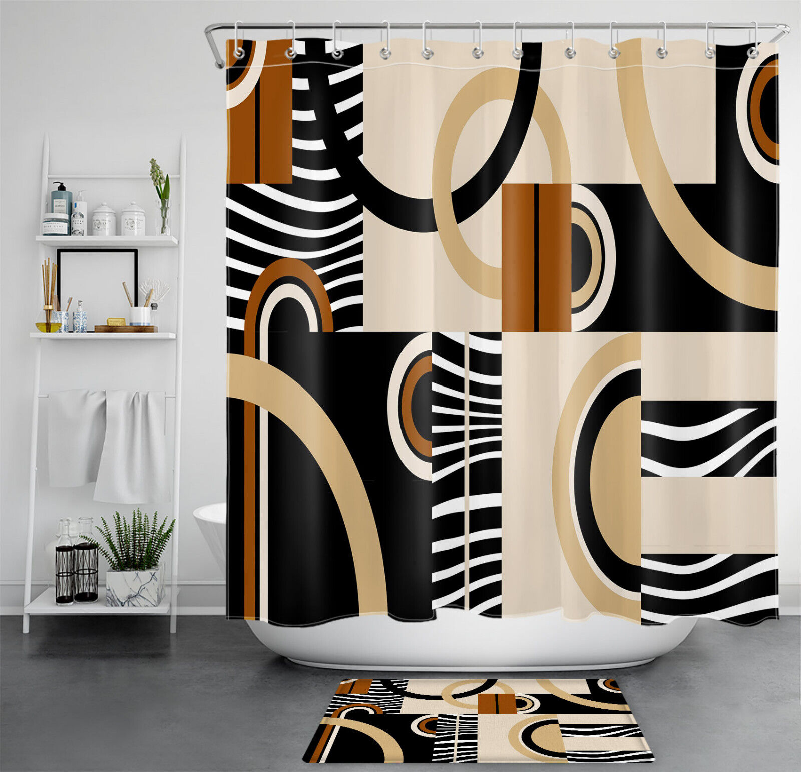 Geometric Black And White Shower Curtain In Beige Perfect For Minimalist Bathroom Decor