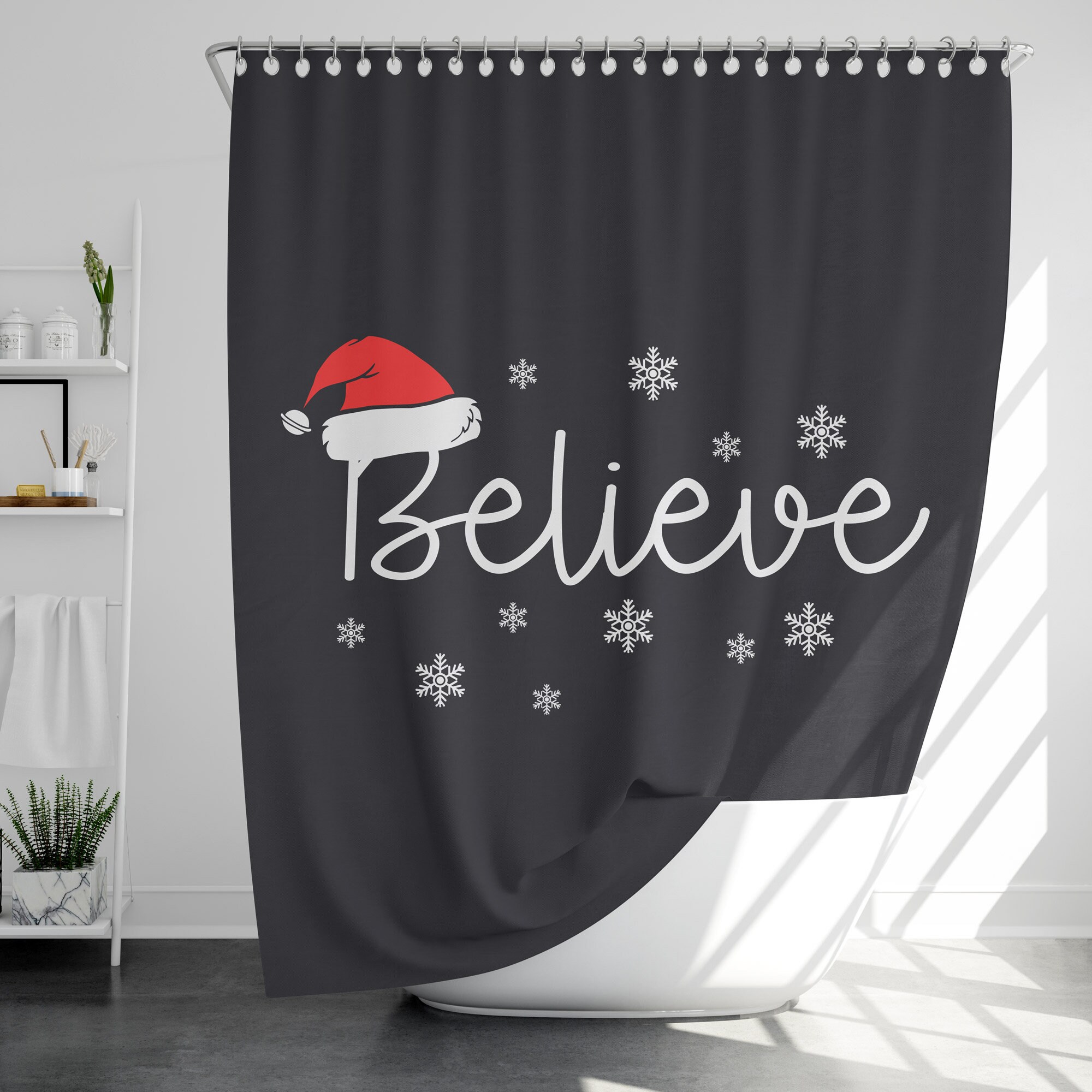 Christmas Shower Curtain With Believe Quote Perfect For Modern Bathroom Decor
