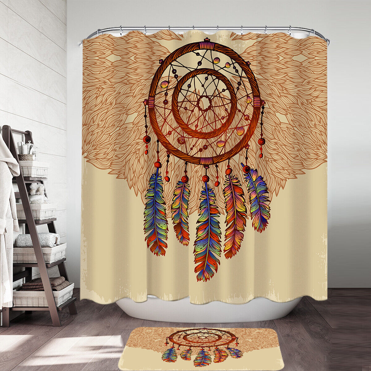 Native American Dream Catcher Shower Curtain In Beige Perfect For Bathroom Decor