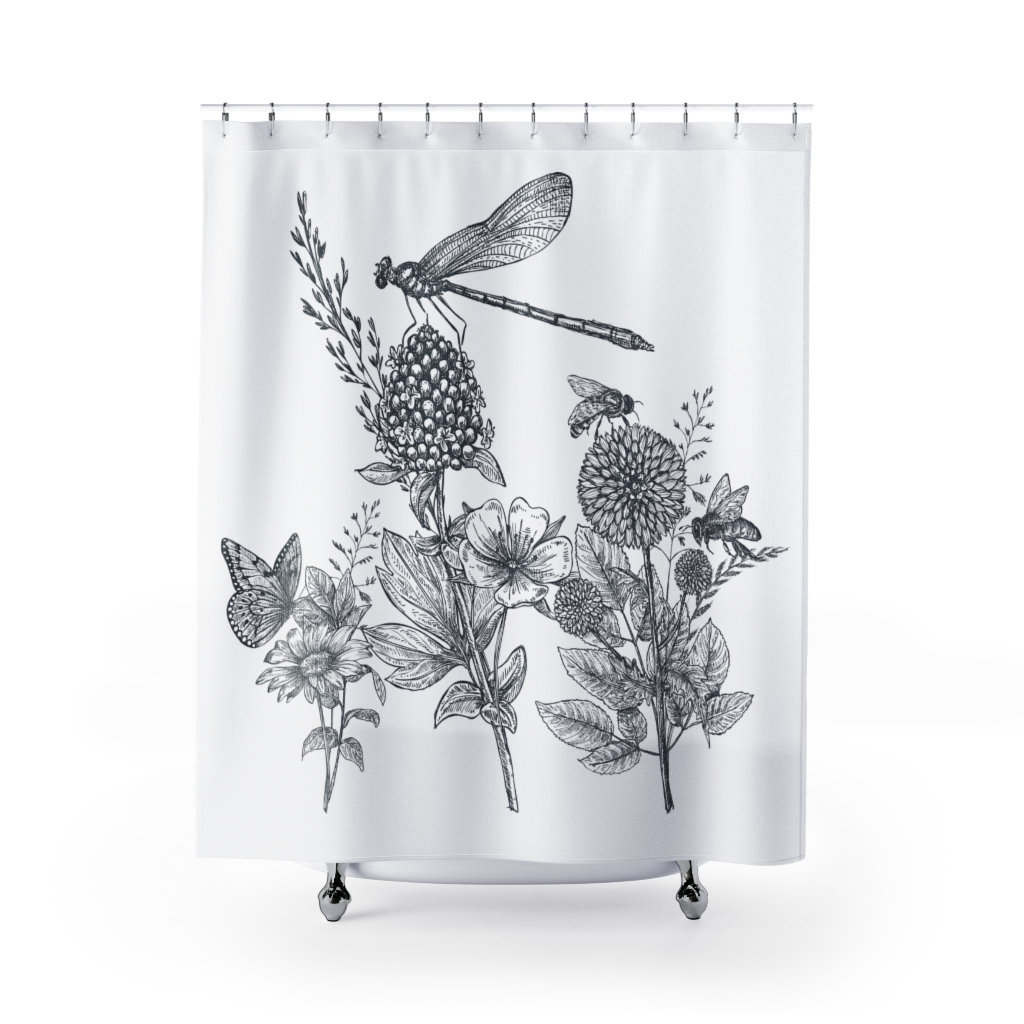 Insect Shower Curtain For Bathroom Bee, Butterfly, Dragonfly Pattern