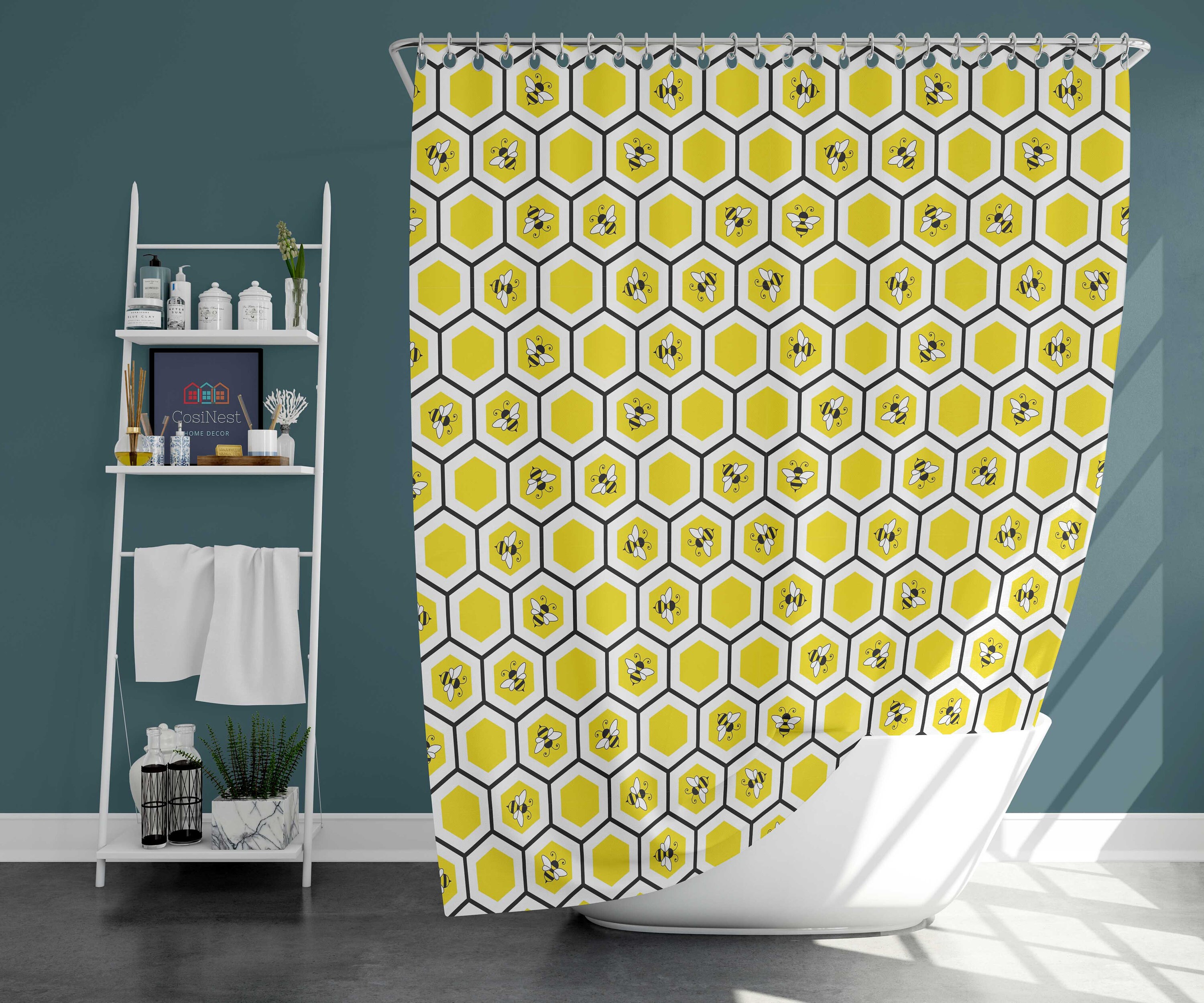 Honeycomb Shower Curtain With Bees And Beehive Design Home Bath Decor For Farmhouse