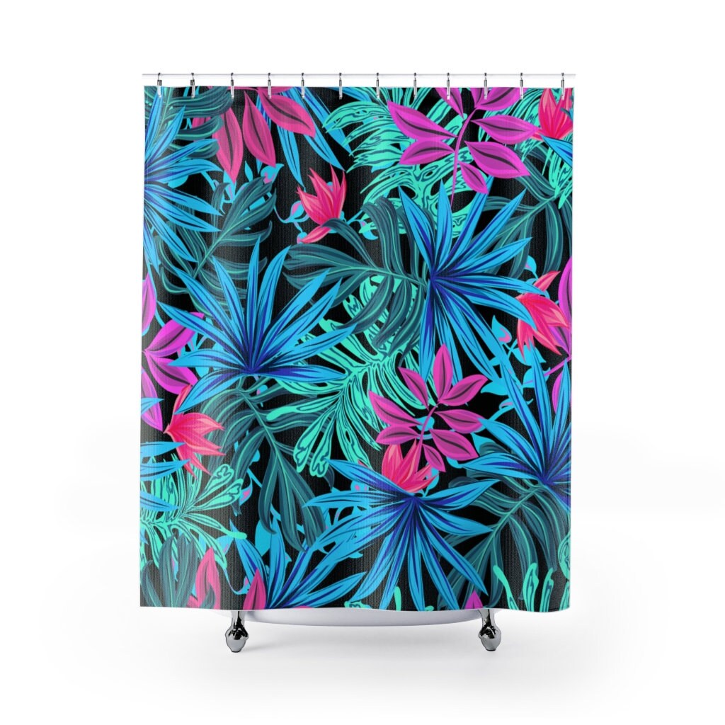 Neon Blue Green Pink Tropical Flowers On Black Shower Curtain For Chic Look