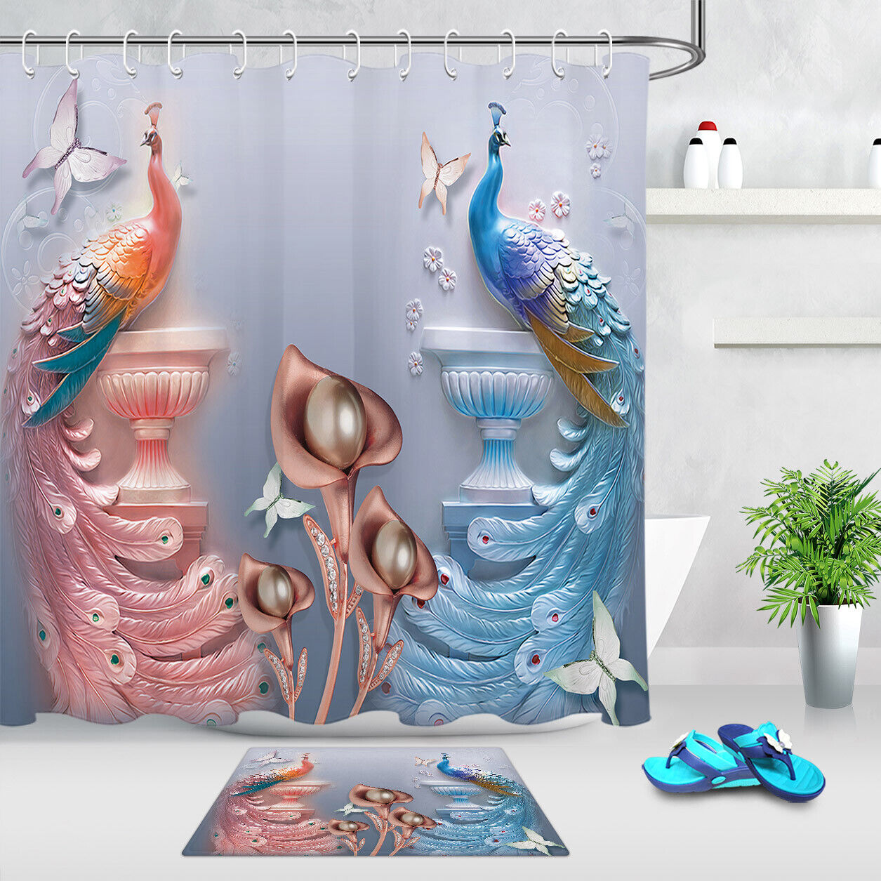 Peacock Flowers Butterfly Shower Curtain For Elegant Bathroom Decoration