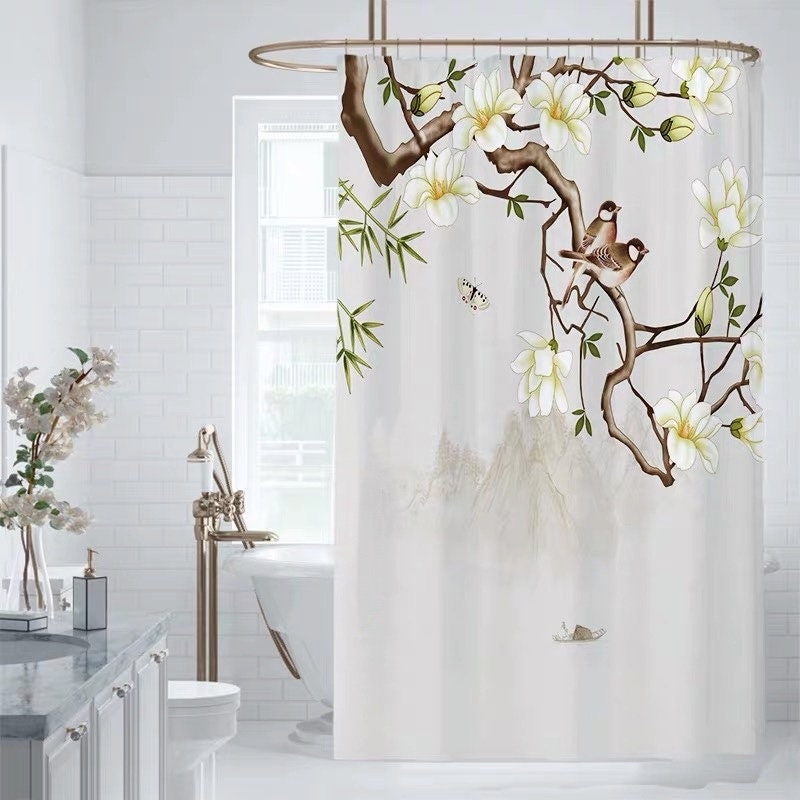 Japanese Birds On Branch Prints Shower Curtain With Beautiful Birds For A Trendy Bathroom Decor