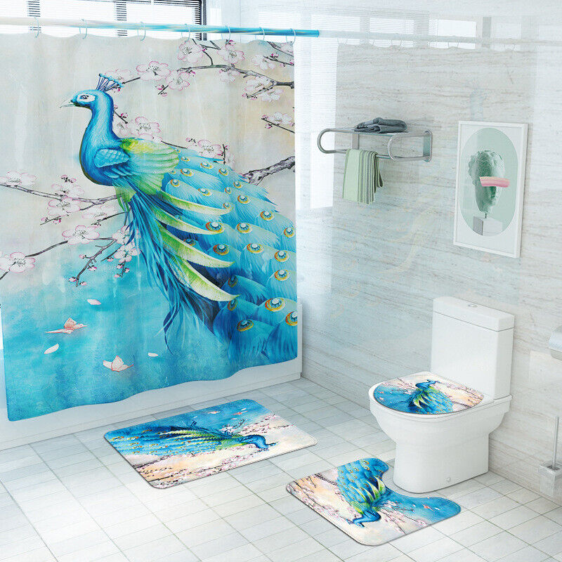 Peacock Waterproof Bathroom Shower Curtain With Beautiful Blue Design