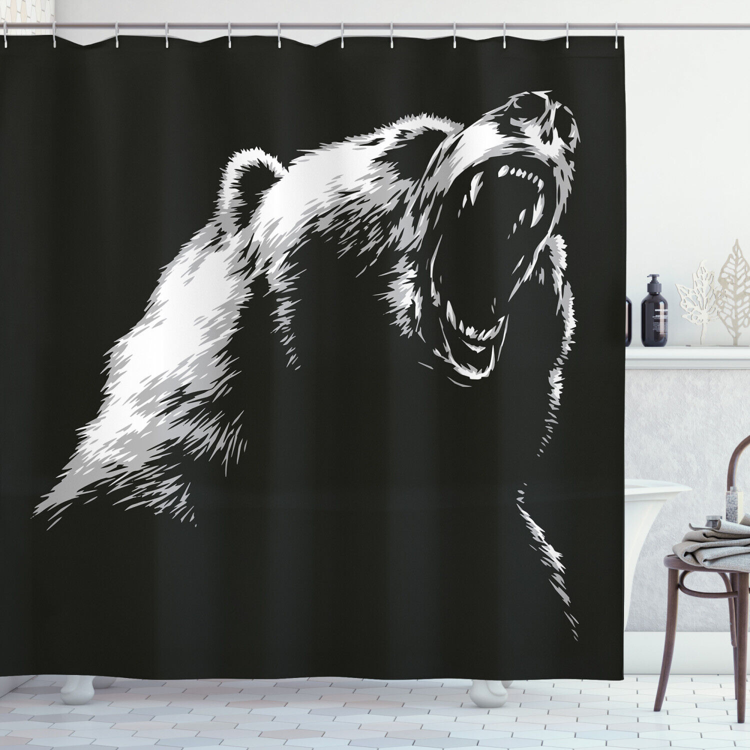Sketch Art Carnivore Shower Curtain With Bear Print For Bathroom
