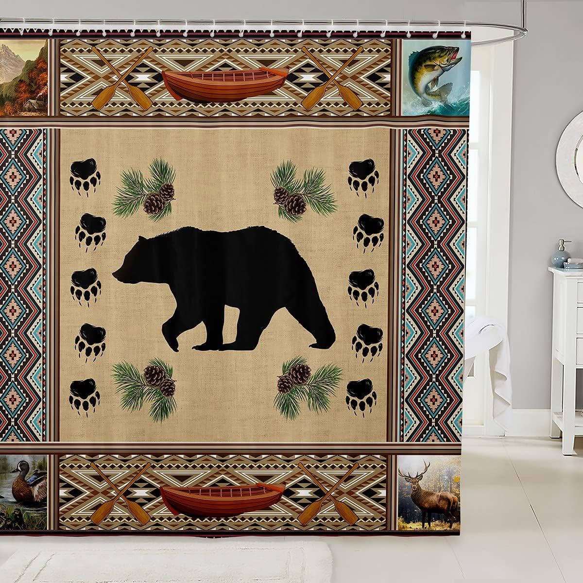 Cute Animal Paws Print Shower Curtain With Bear Silhouette For Kids Bathroom Decor