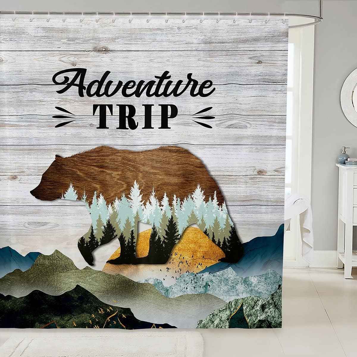 Mountain Scenery Shower Curtain With Abstract Bear Silhouette For Rustic Farmhouse Bathroom Decor