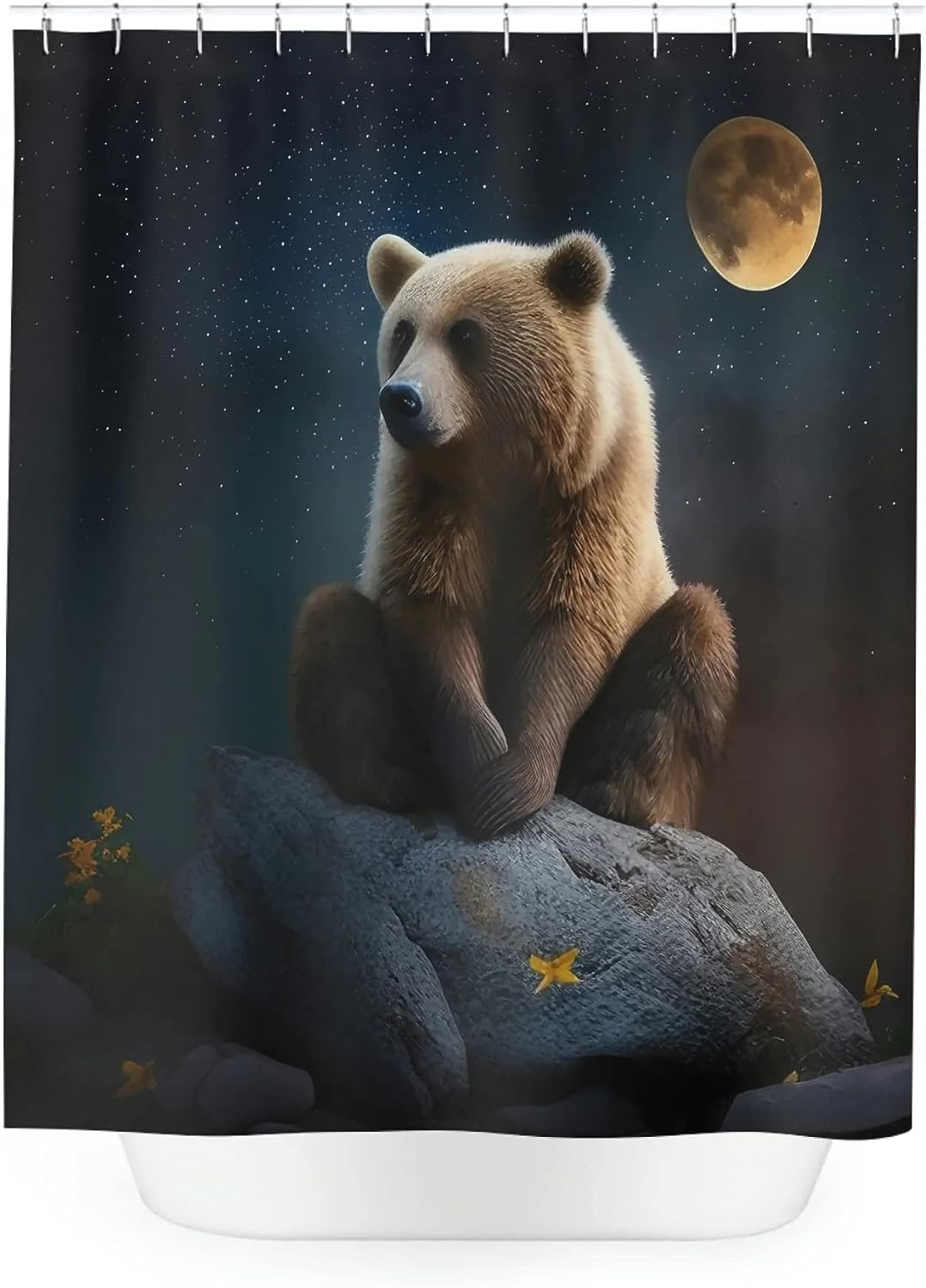 Digital Print Shower Curtain With Bear In Moonlight For Bathroom