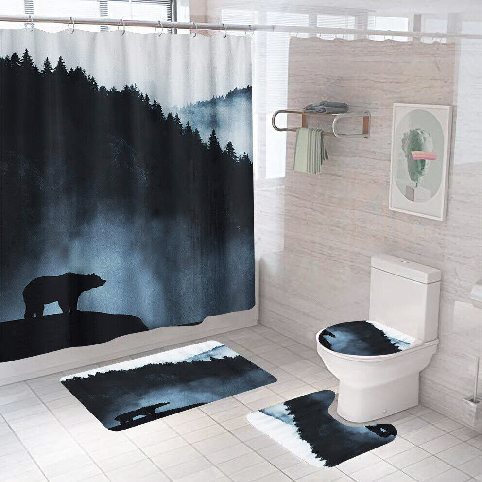 Thick Fabric Shower Curtain With Bear Design For Bathroom