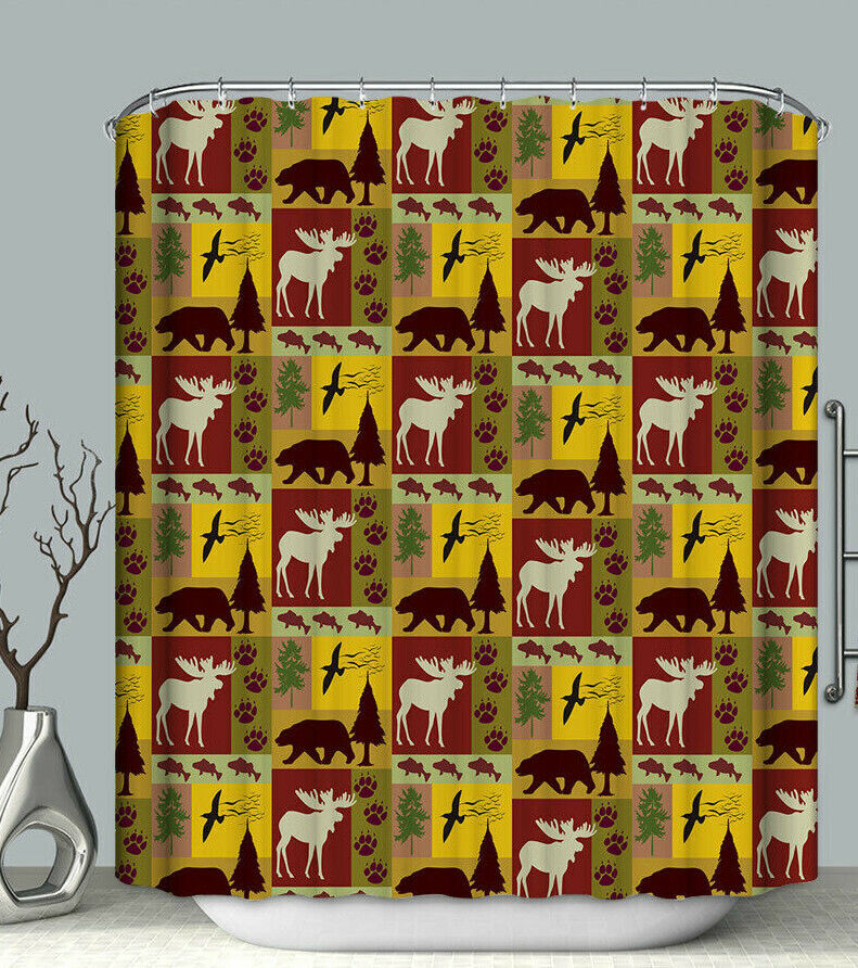 Rustic Lodge Cabin Shower Curtain With Bear Moose Fish Wildlife Fabric