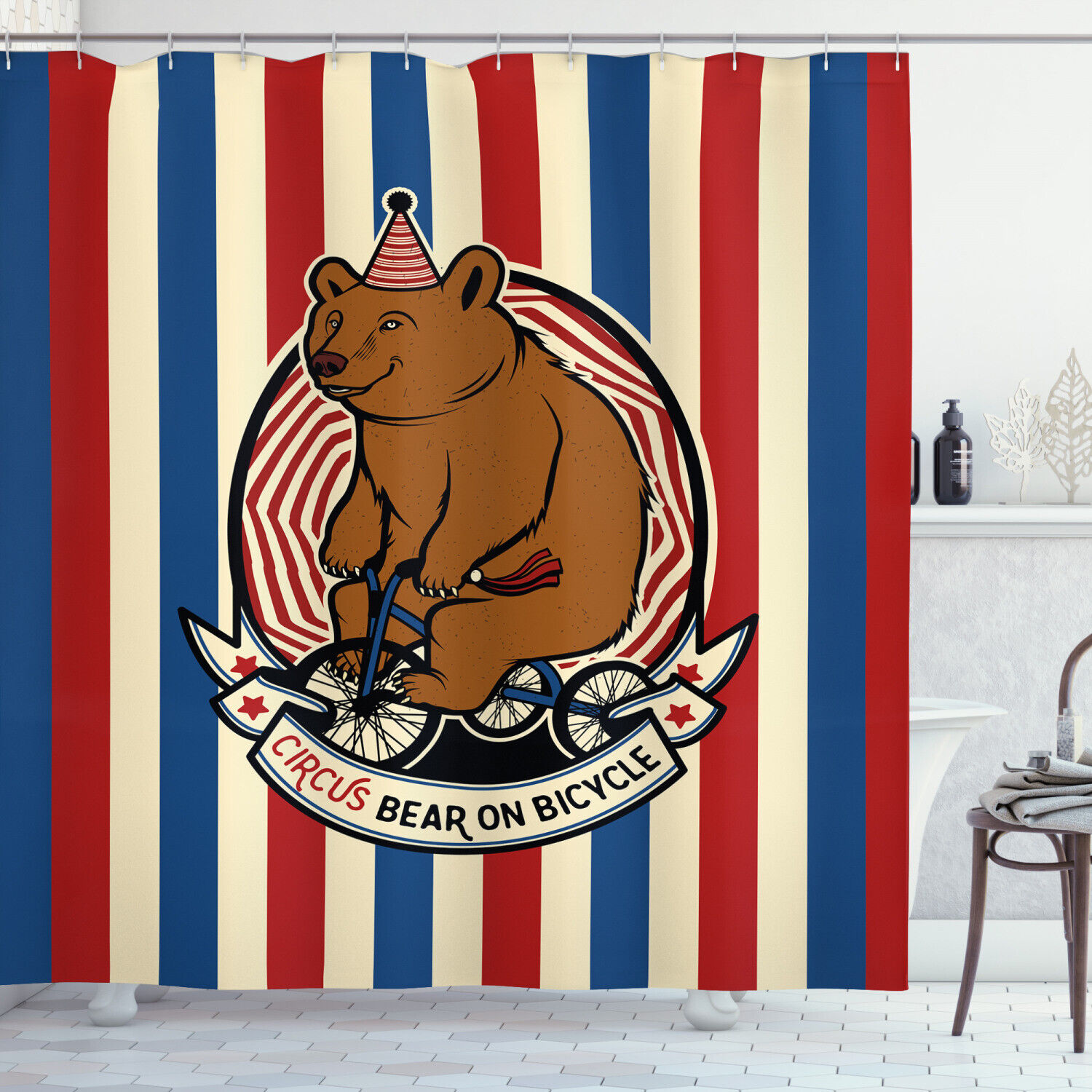 Circus Mascot Bicycle Shower Curtain With Bear Print For Bathroom