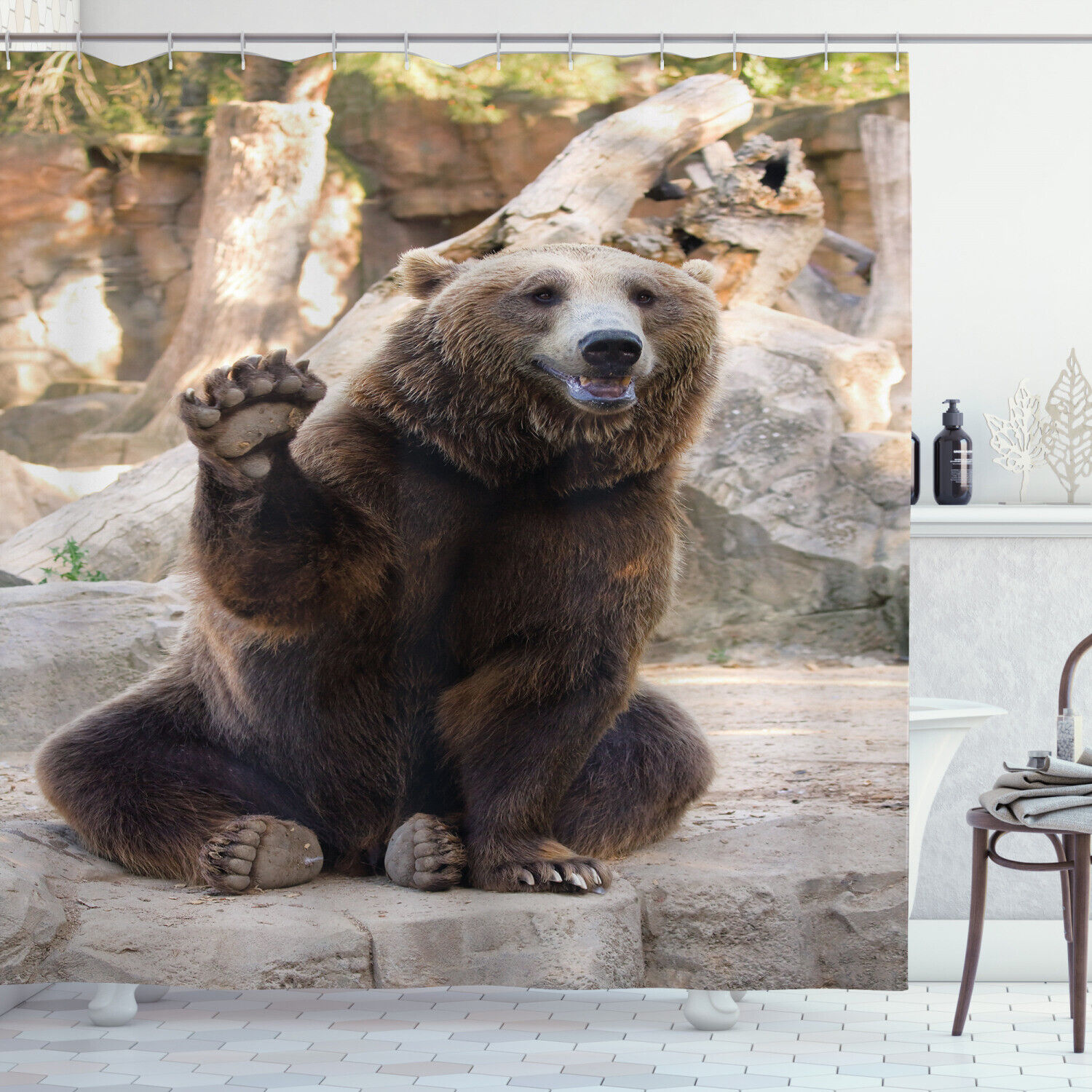 Friendly Animal Waving Paw Shower Curtain With Bear Print For Bathroom