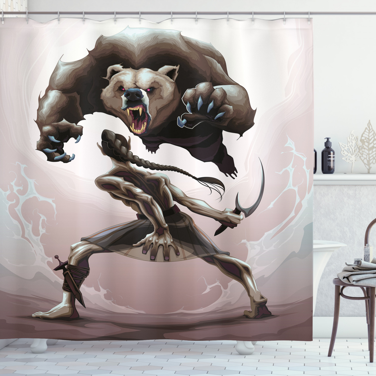 Mythological Scene Concept Shower Curtain With Bear Print For Bathroom