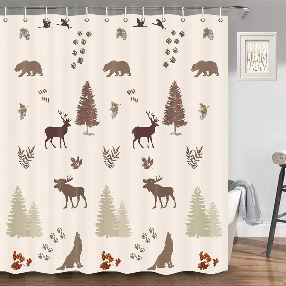 Rustic Cabin Shower Curtain With Bear Elk Moose Wolf Pine Forest Wildlife Design