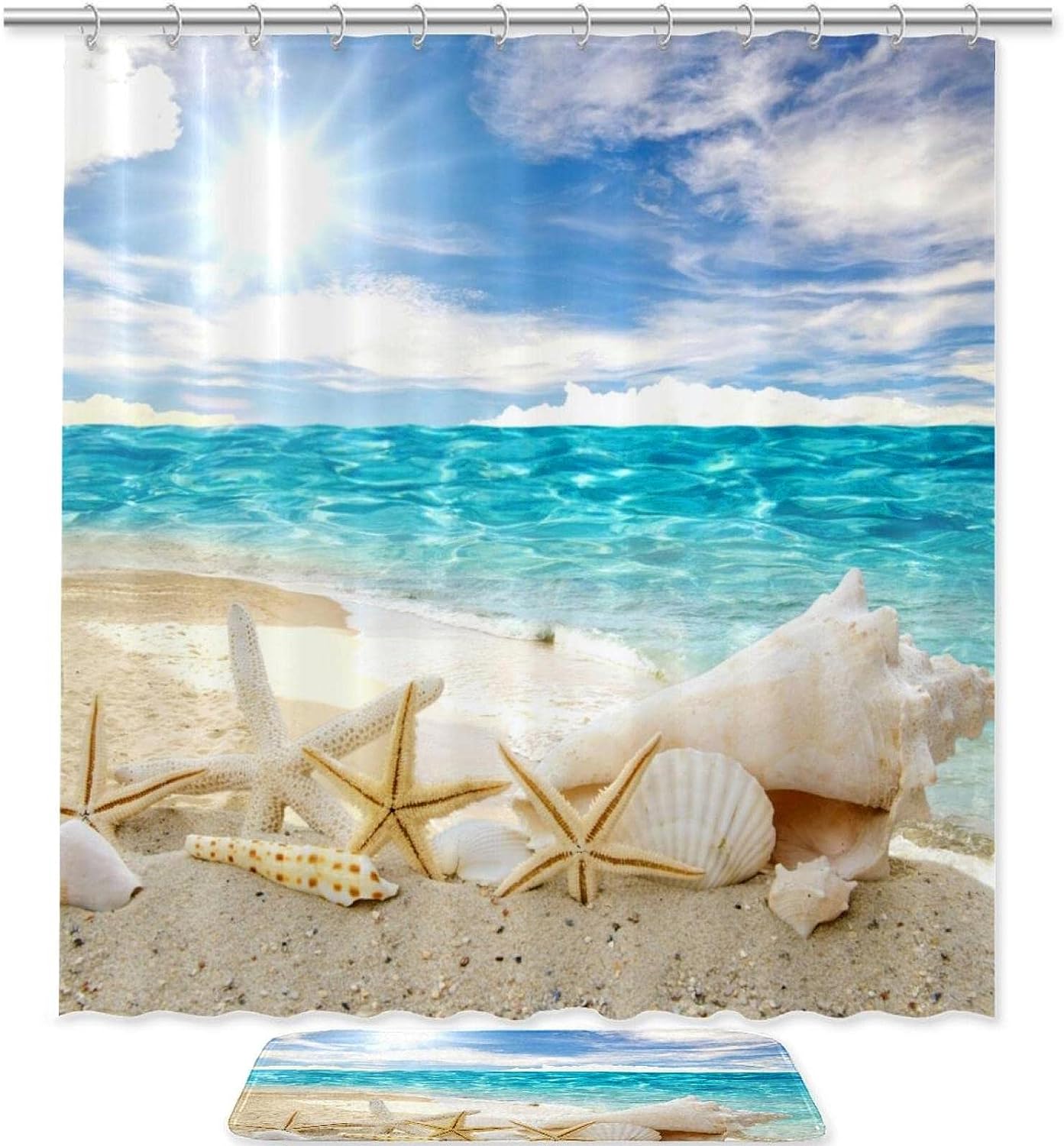 Seashell Starfish Ocean Shower Curtain For Bathroom Decor