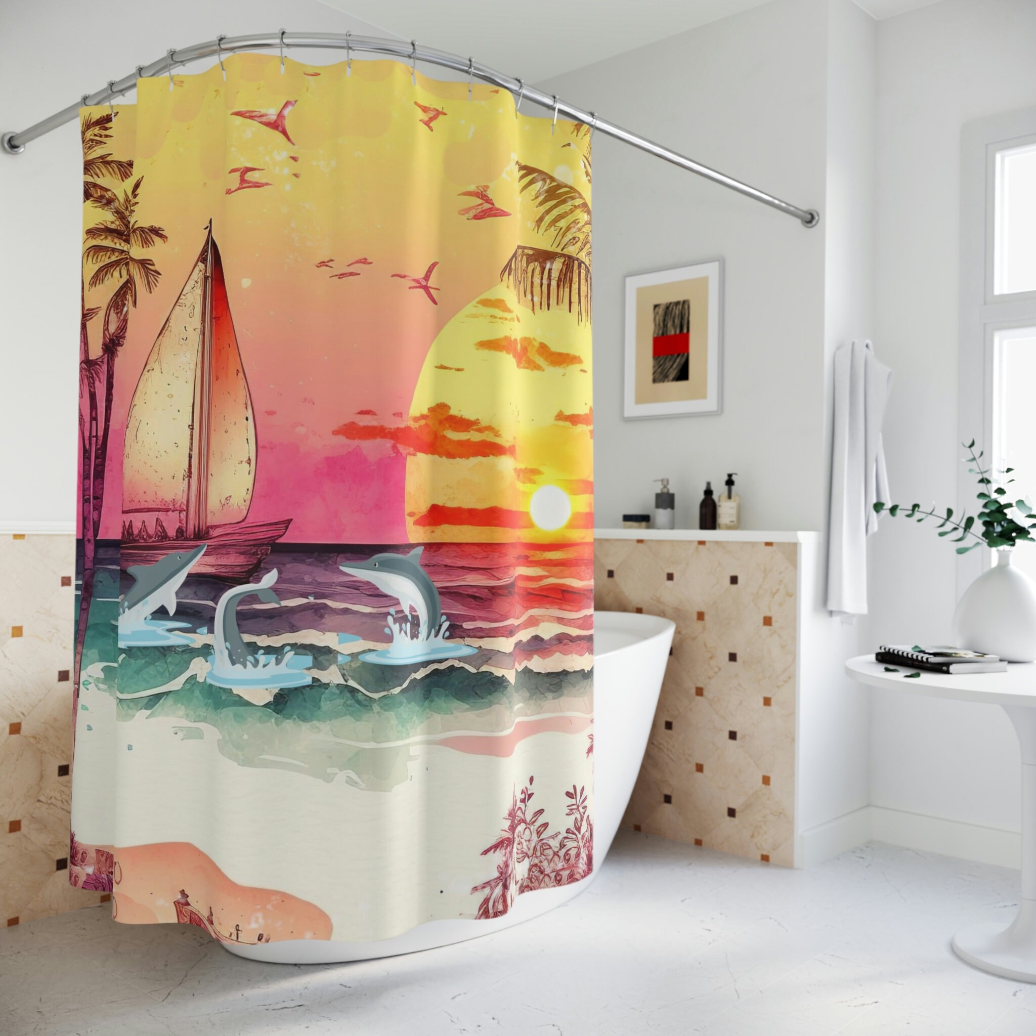 Dolphins Sunset Beach Shower Curtain For Bathroom Decor