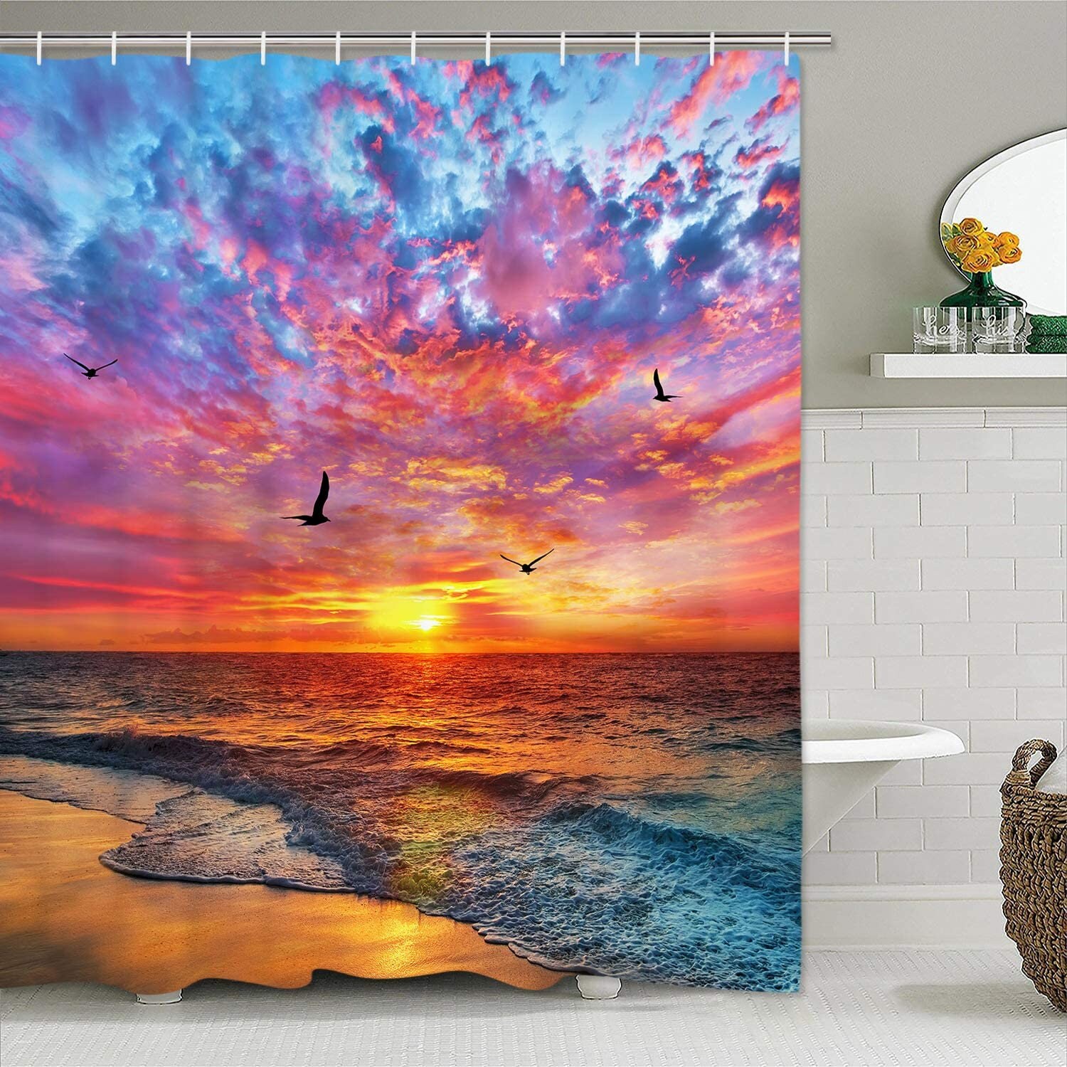 Relaxing Seaside Sunset Ocean Waves Shower Curtain For Bathroom Decor