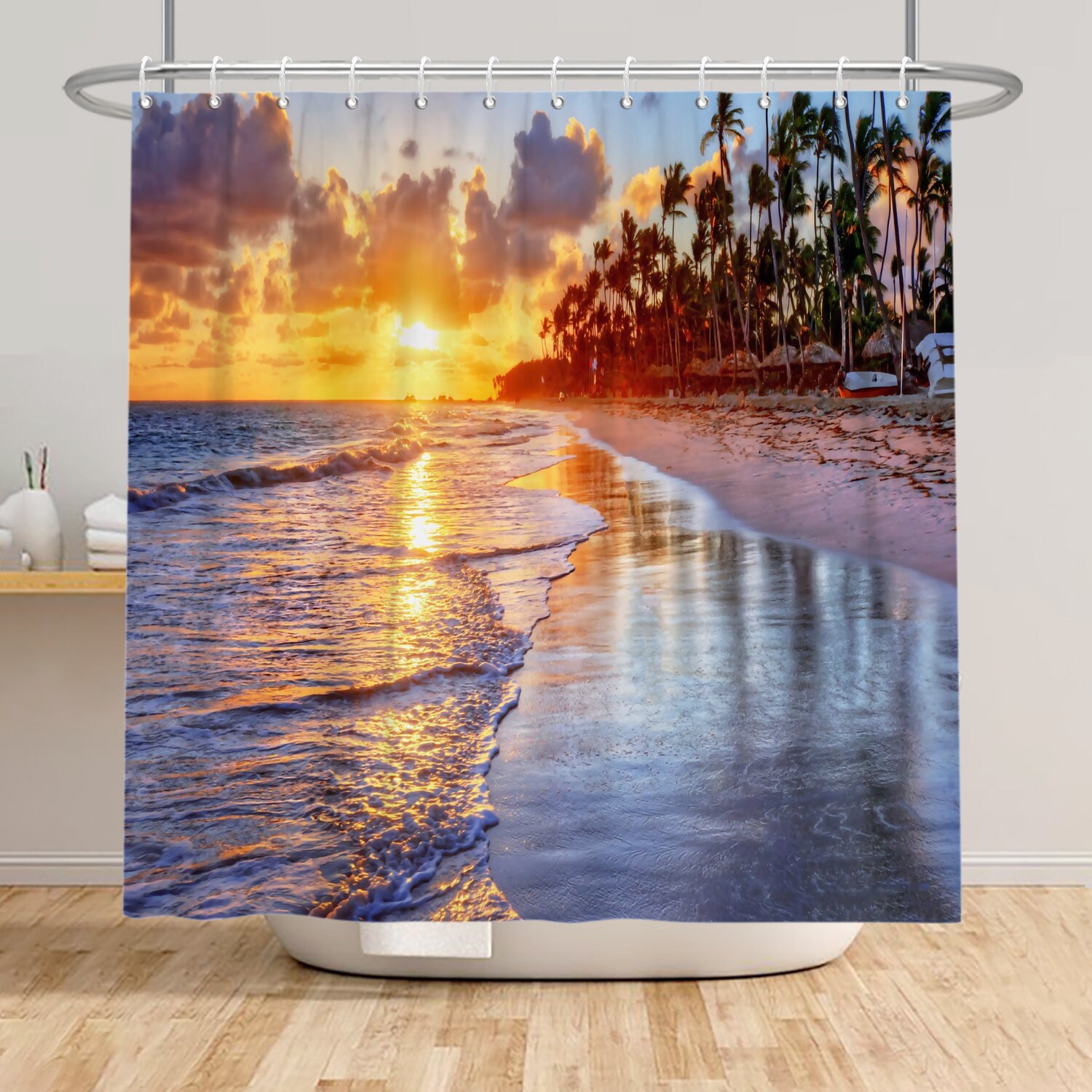 Natural Coconut Tree Sunset Ocean Waves Shower Curtain For Bathroom Decor