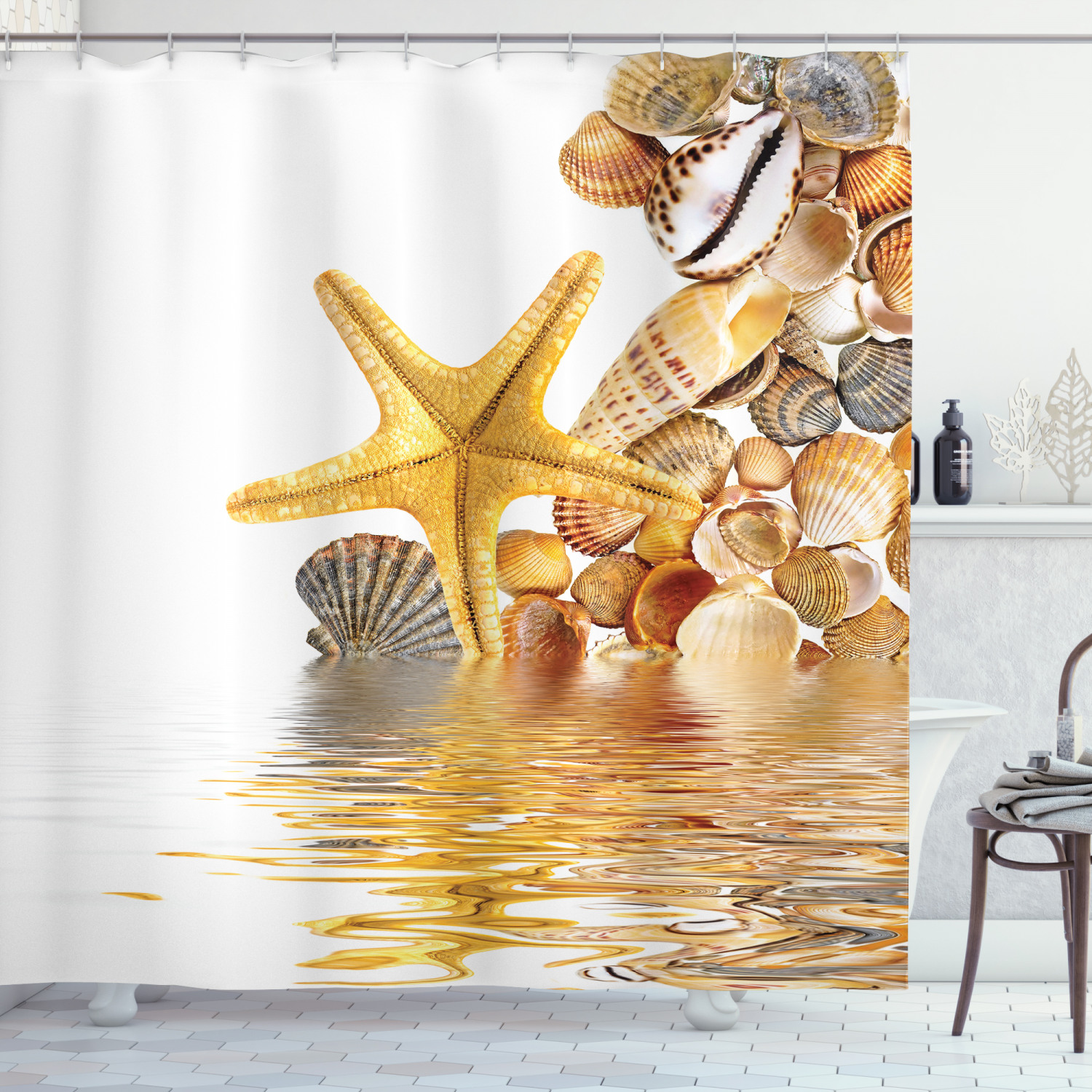 Seashells And Starfish Print Shower Curtain For Beachy Bathroom Decor