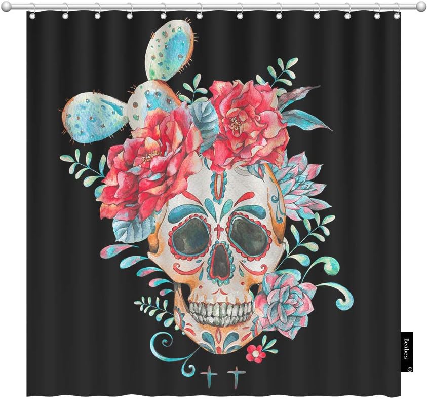Skull Rose Succulent Shower Curtain For Your Vintage Bathroom Decor
