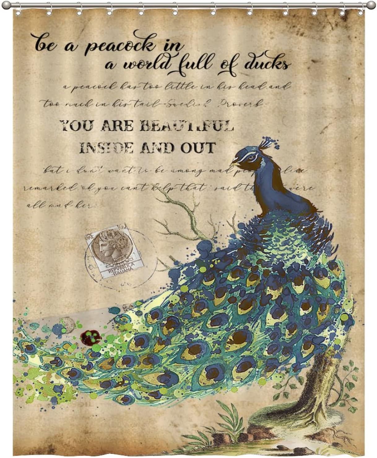 Peacock Flower Motto Vintage Shower Curtain Liner Restroom Bathroom Decor