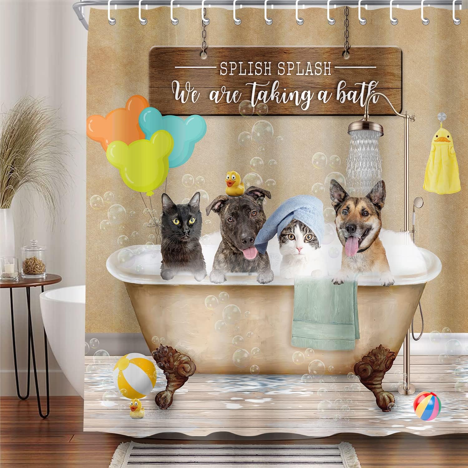 Funny Cat Dog Shower Curtain With Vintage Country Wood Bathroom Decor