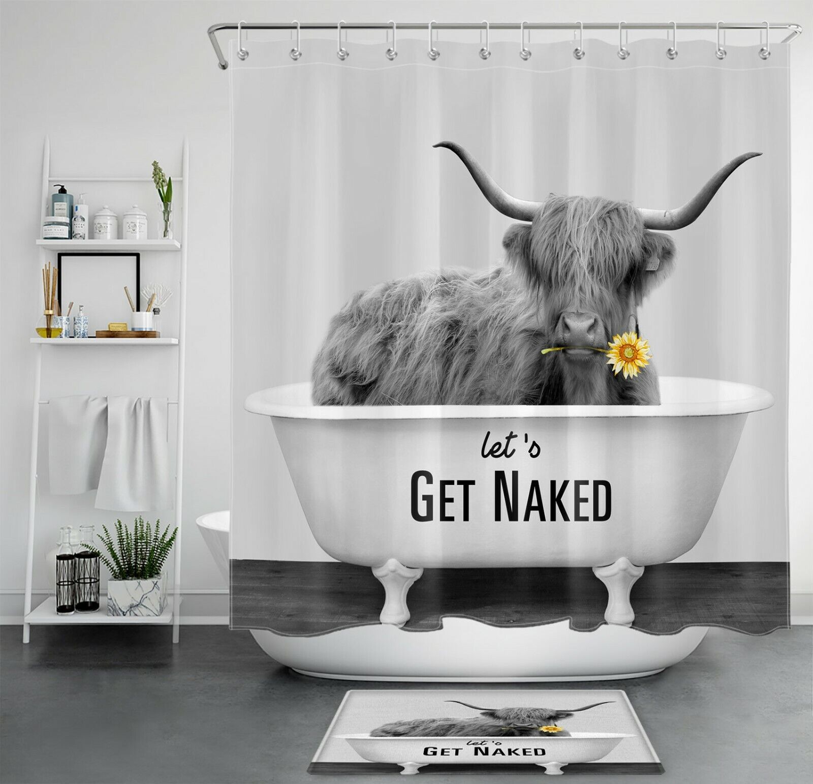 Highland Cow Flower Shower Curtain With Funny Word Print Bathroom Decor