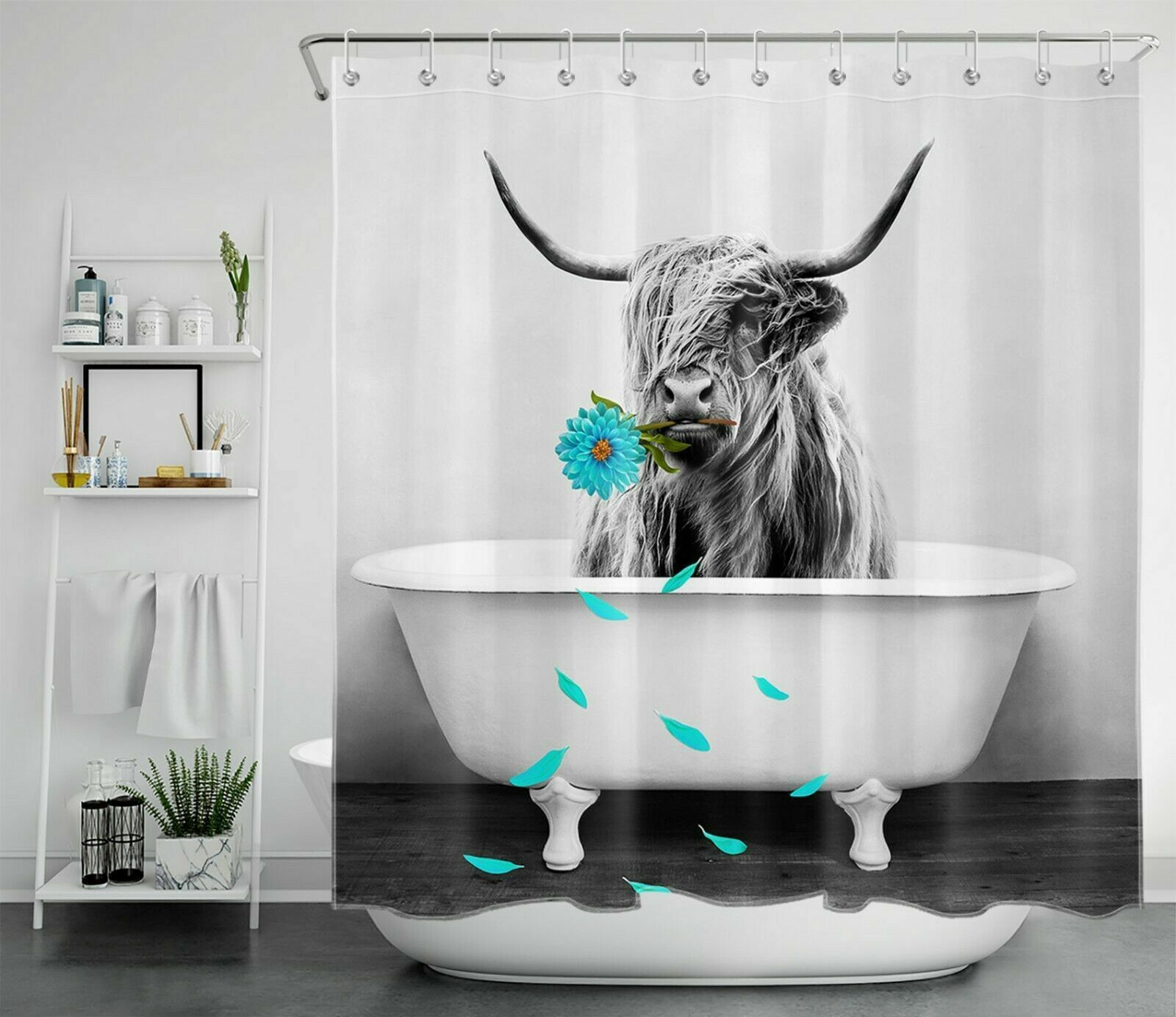 Funny Highland Cow Grey Shower Curtain With Flower Print Bathroom Decor