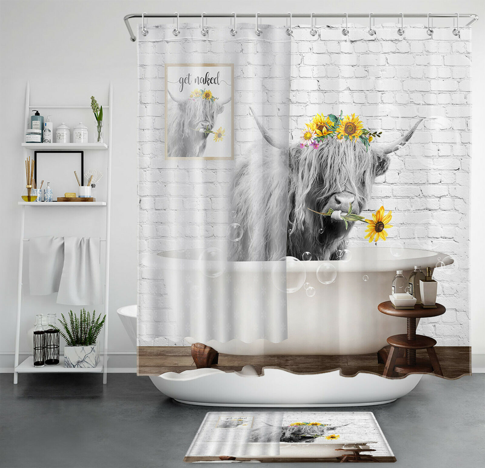 Sunflower Highland Cow Shower Curtain With Funny Print Bathroom Decor