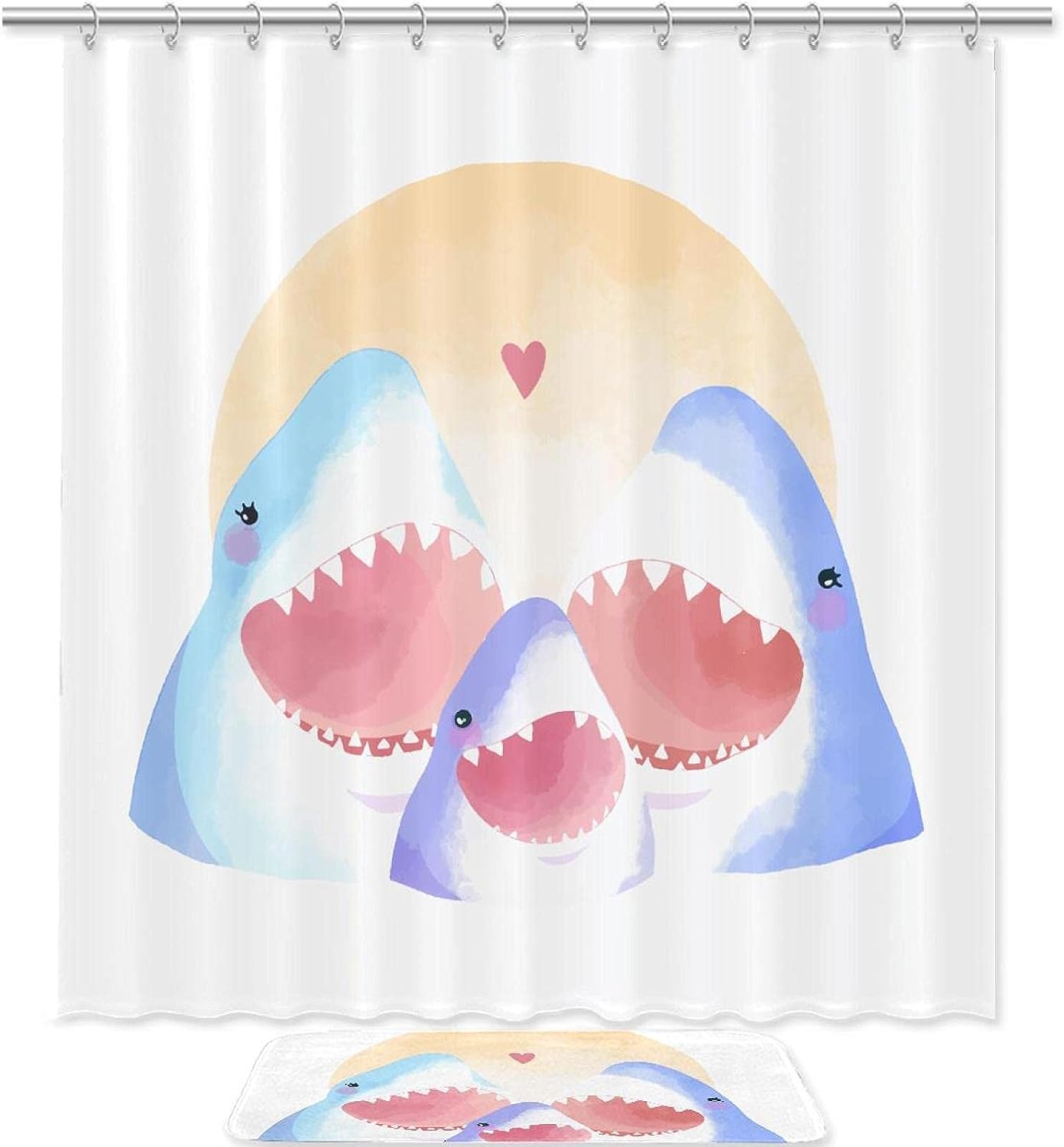 Shark Family Shower Curtain With Watercolor Print Home Decor Bathroom Curtain
