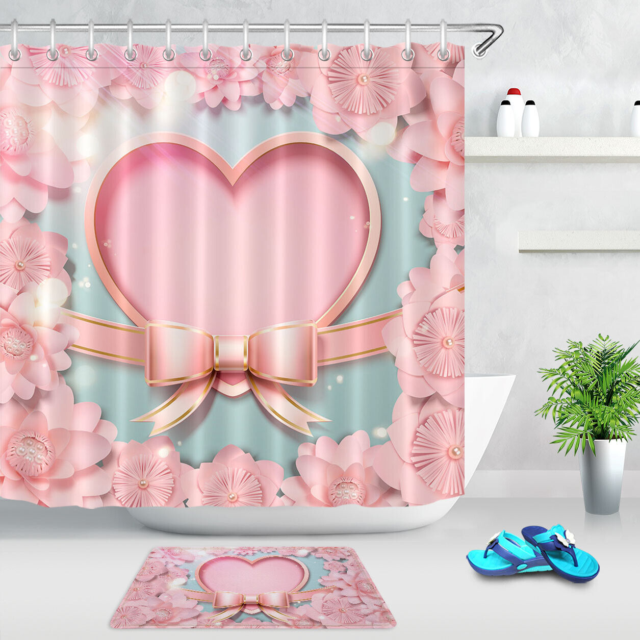 Pink Flowers Heart Shower Curtain With Waterproof Fabric Bathroom Decor