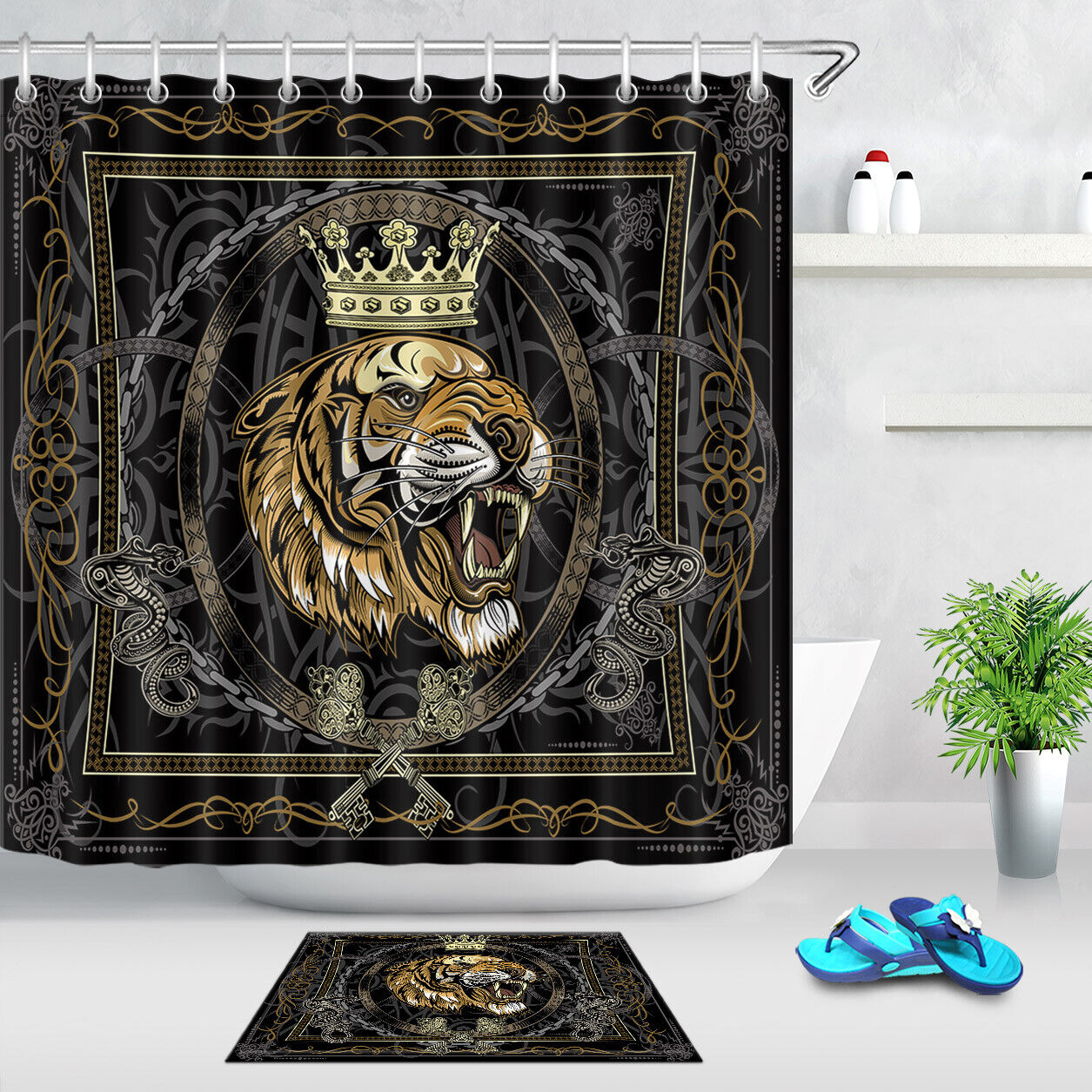 Dragon Angry Tiger Face Shower Curtain With Waterproof Fabric Bathroom Decor