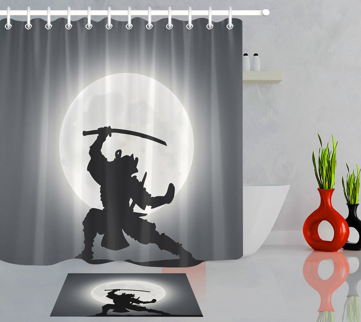Japanese Samurai Moon Shower Curtain With Waterproof Fabric Home Decor Bathroom Curtain