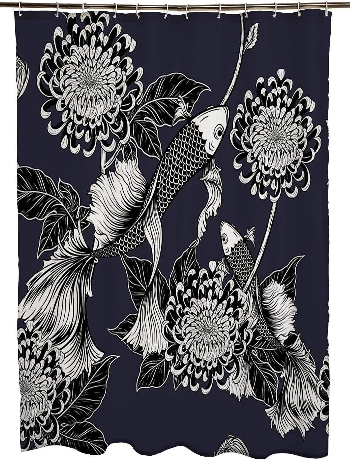 Detailed Chinese Coloring Hand Drawing Design Koi Fish And Chrysanthemum Pattern Vintage Textured Shower Curtain Set