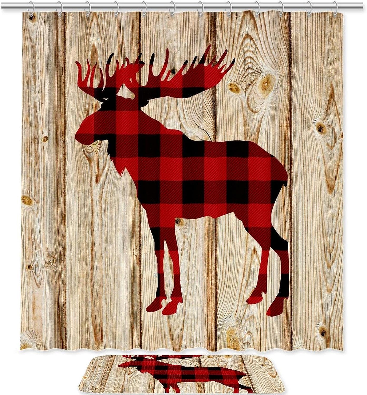 Red Deer Head Silhouette Shower Curtain In Waterproof Fabric For Bathroom Decor