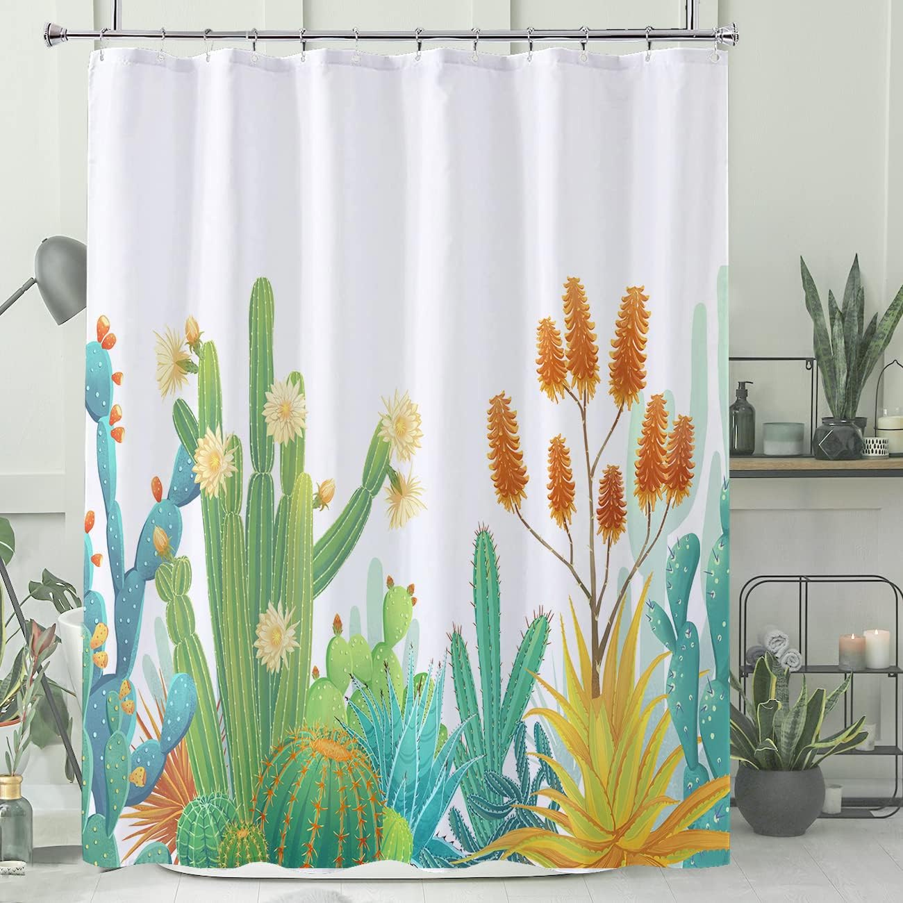 Chic White Tropical Plant Succulent Cactus Shower Curtain Set Bathroom Decor