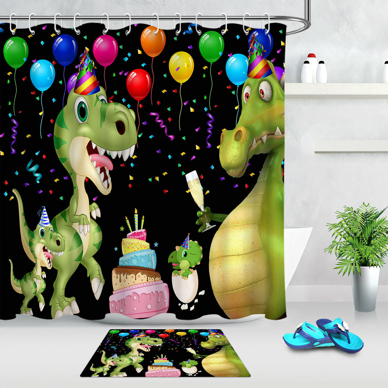 Fun Birthday Party Balloons And Confetti Dinosaur Shower Curtain Waterproof Fabric