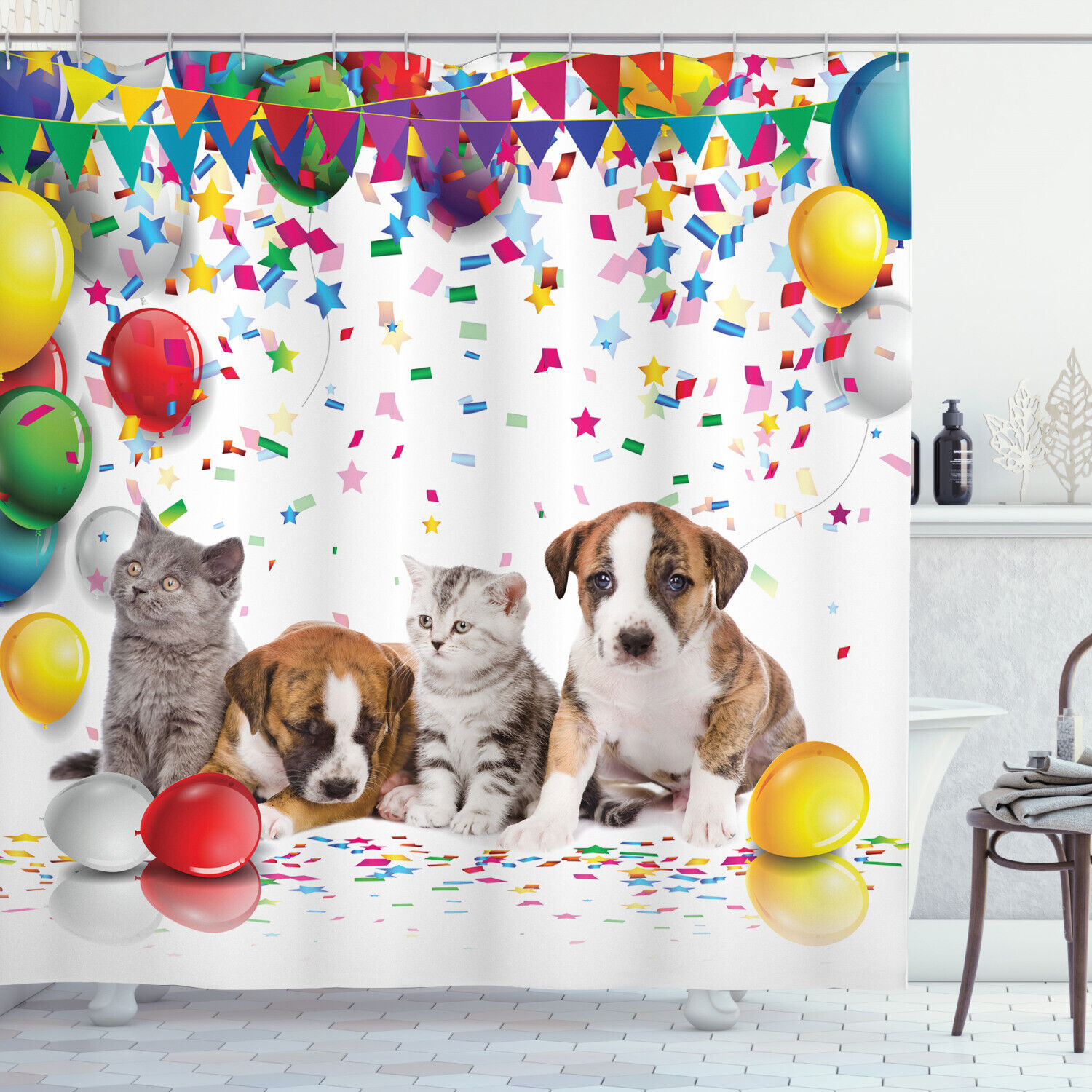 Cute Pet Dogs And Cats Print Birthday Party Shower Curtain For Bathroom