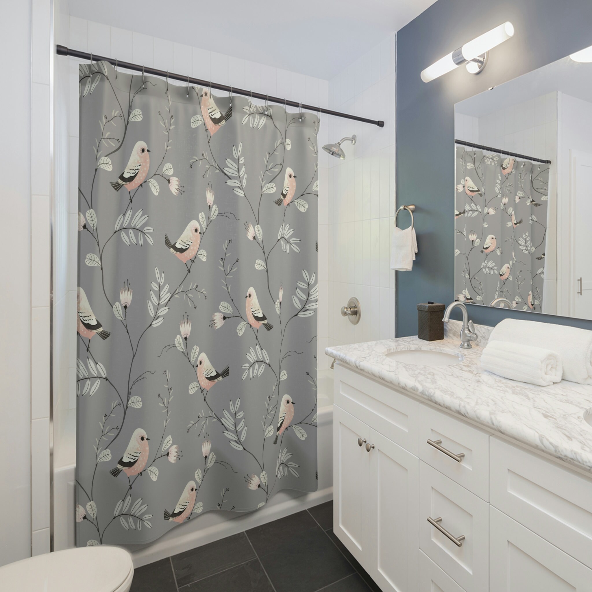 Cute Kids Bathroom Shower Curtain Set With Bird Print And Matching Gray Curtains