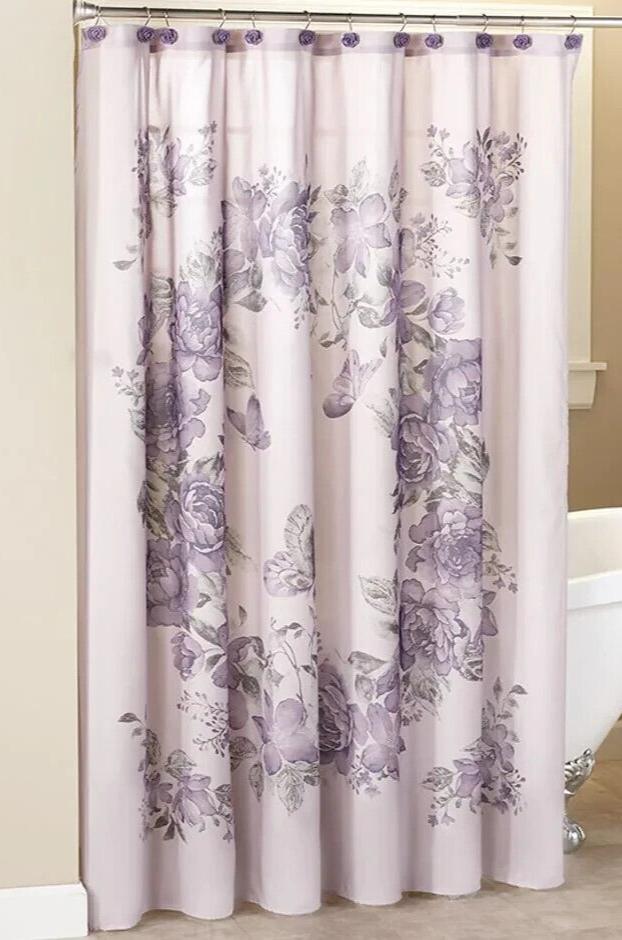 Elegant Floral Shower Curtain Set With Butterflies And Purple Background Birmingham Theme