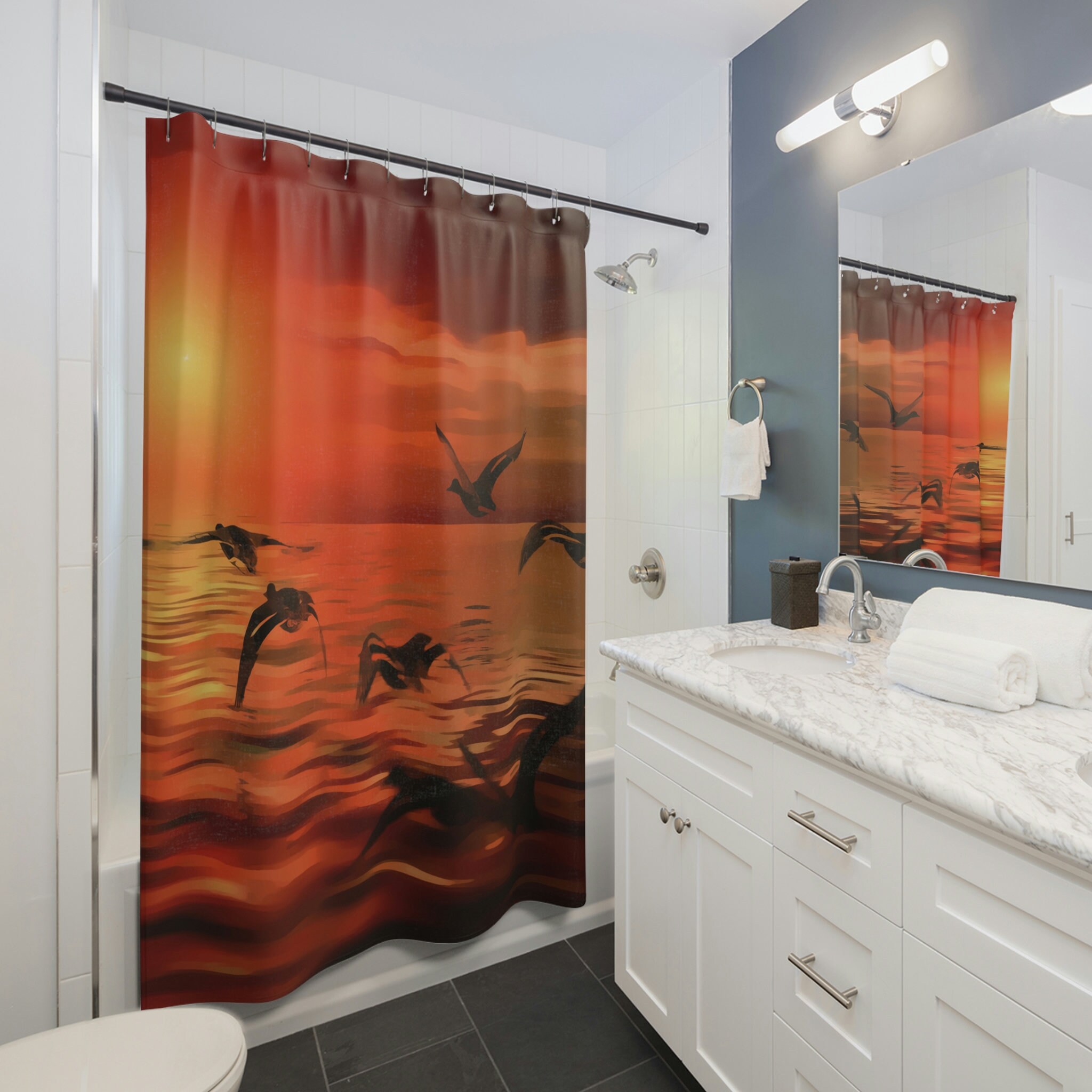 Stunning Sunset And Bird Shower Curtain Scenic Bathroom Decor